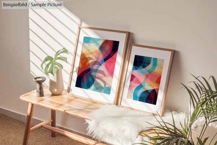 Abstract geometric art prints on wooden bench with plant, soft sunlight filtering through window blinds.