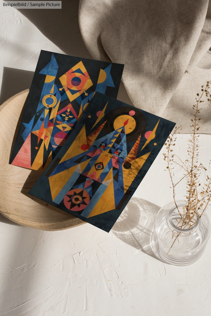 Geometric abstract art with vibrant patterns in blue, yellow, and red tones on a wooden tray beside decorative plants.