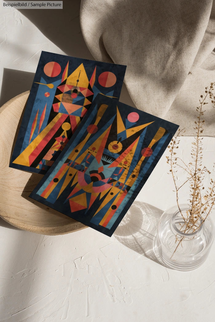 Abstract geometric art prints with bold shapes and colors on a wooden tray, next to glass vase with dried flowers.