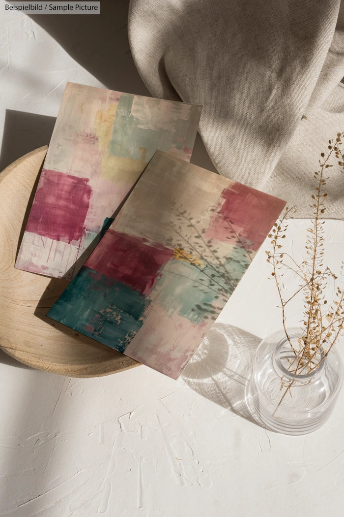 Abstract art paintings with pink, teal, and beige colors on a wooden tray next to a vase with dried flowers in sunlight.