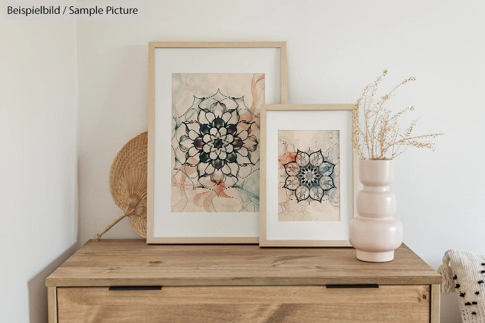 Wooden dresser with two framed mandala artworks and a pink vase with dried flowers.