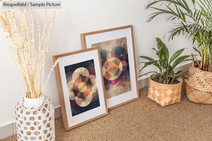 Two framed geometric art prints on floor near woven baskets with plants.