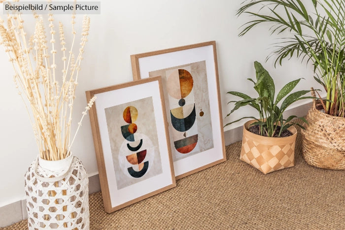 Two framed abstract art prints on floor near potted plants in light, modern room with textured rug.