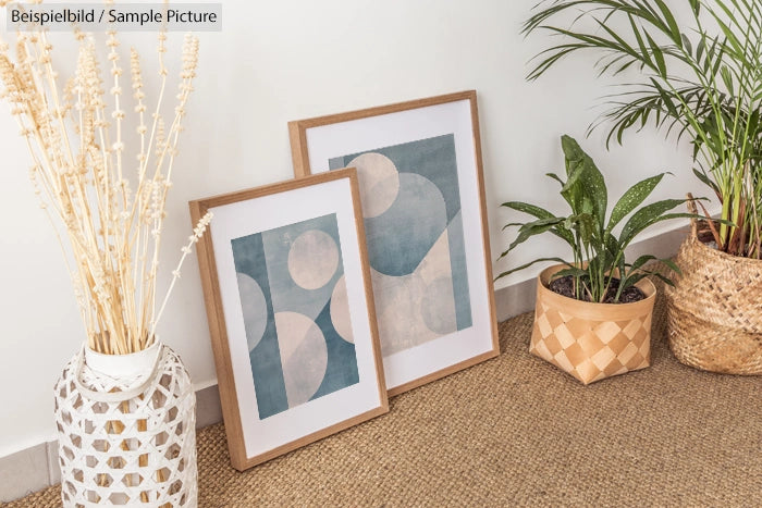 Two framed abstract artworks with geometric shapes on floor, beside a potted plant and decorative sticks.