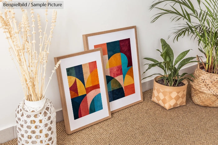 Two framed abstract paintings with geometric shapes, next to potted plants on a woven rug.