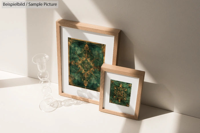 Two framed artworks with green and gold patterns on a shadowed tabletop beside a decorative glass candle holder.