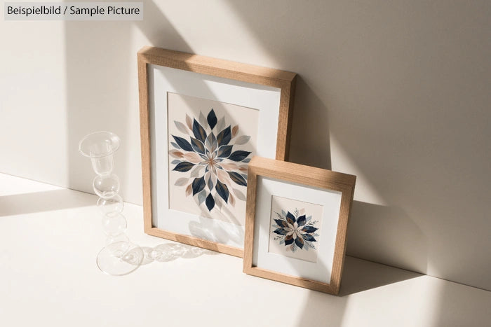 Two framed botanical prints with navy blue leaves in sunlight on a beige background.