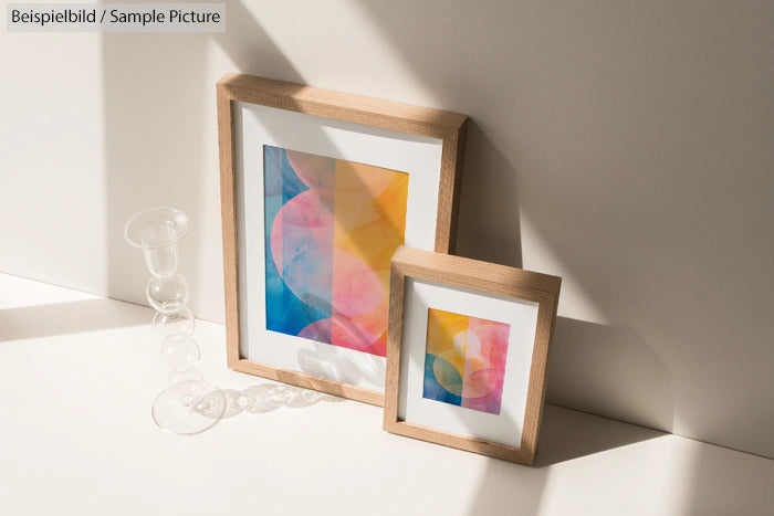 Two framed abstract paintings with colorful geometric shapes in sunlight, beside a transparent decorative object.