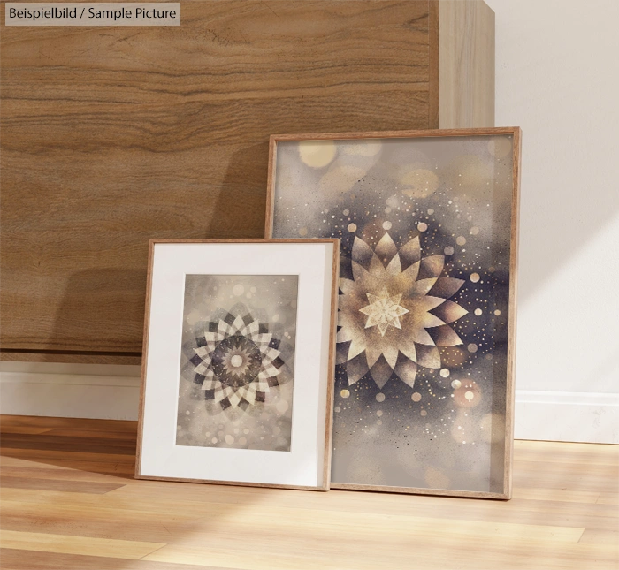 Two framed abstract starburst artworks with golden and blue tones placed on a wooden floor against a wooden cabinet.