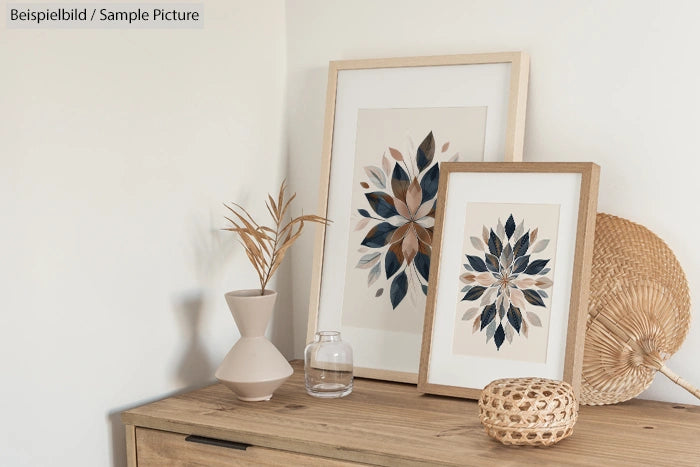 Decorative room setup with framed botanical prints, ceramic vase, and wicker accents on a wooden cabinet.