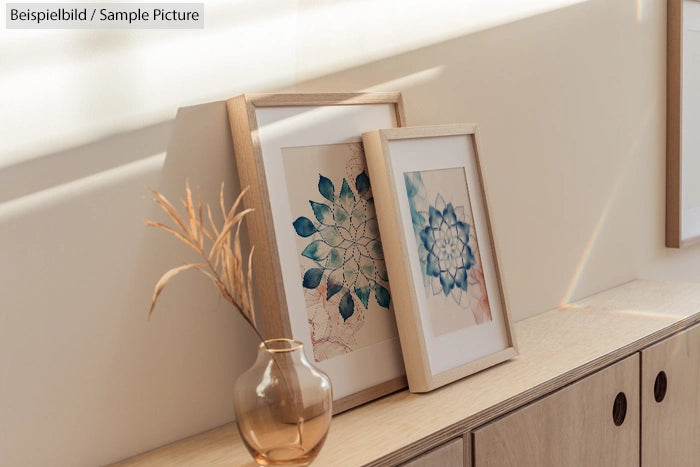 Framed botanical art prints on wooden shelf with decorative vase, soft sunlight creating shadows.