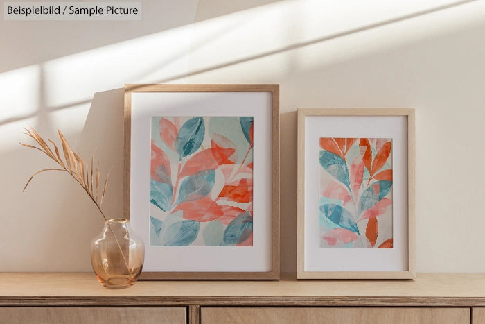 Two framed botanical prints with teal and coral leaves on a wooden table, next to a vase with dried foliage.