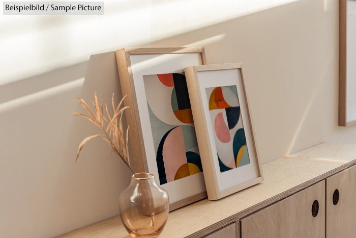 Framed geometric art prints with pastel colors on a cabinet, next to a decorative vase with dried grass.