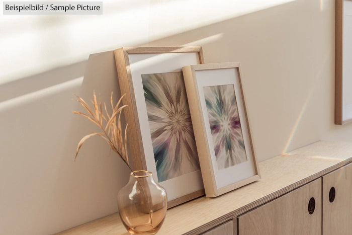 Minimalist interior with framed abstract art and dried plant in vase on wooden cabinet.