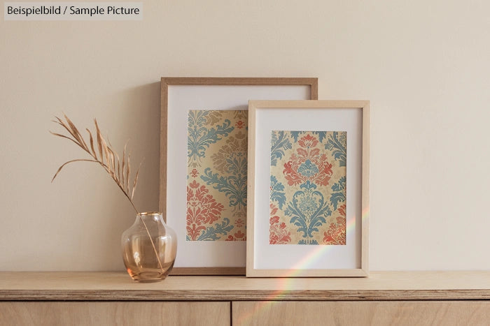 Framed floral prints on a wooden surface with a glass vase and decorative grass against a light beige wall.