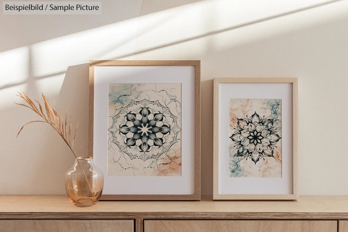 Two framed floral mandala art prints on a wooden sideboard, with a vase holding a dried plant beside them.