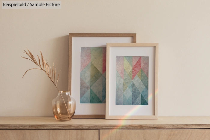 Two framed geometric art prints on a wooden shelf with a glass vase and dried grass, against a beige wall.