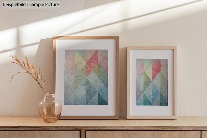 Two framed geometric art prints on a shelf, with a glass vase and dried plant beside them.