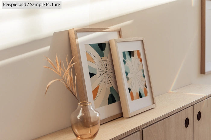 Two framed abstract artworks leaning on a sideboard with a dried plant in a vase, in a sunlit room.