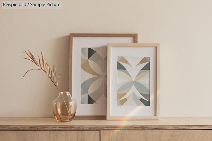 Two framed abstract art pieces on wooden shelf with a glass vase and dried grass, soft lighting and subtle rainbow reflection.