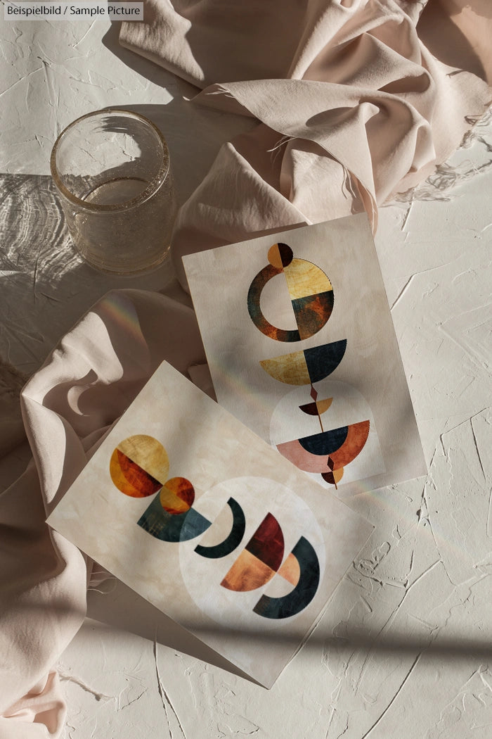 Abstract geometric art prints on textured surface with glass and fabric draped around.