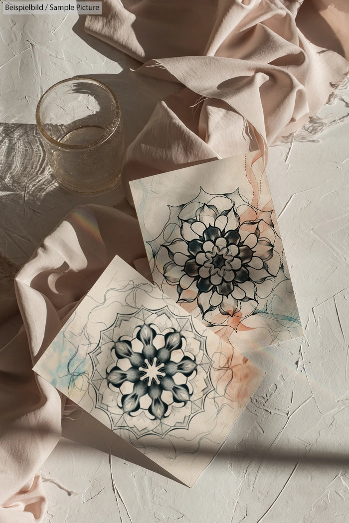 Two intricate mandala designs on paper over a fabric backdrop with a glass casting a shadow.