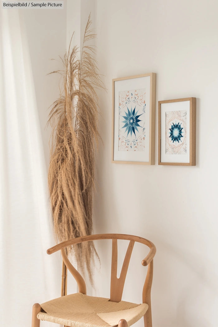 Minimalist room corner with a wooden chair, dried pampas grass, and two framed abstract artworks on the wall.