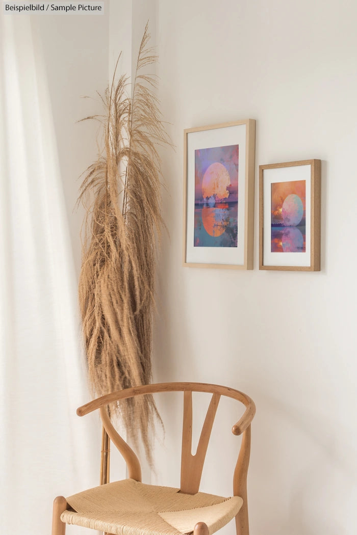 Minimalist room with wooden chair, pampas grass, and two framed abstract paintings on a white wall.