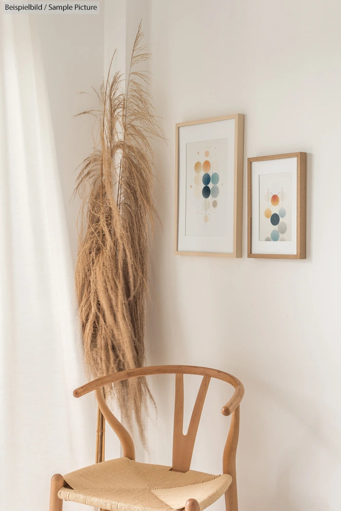 Minimalist room with wooden chair, pampas grass, and two abstract framed artworks on a white wall.