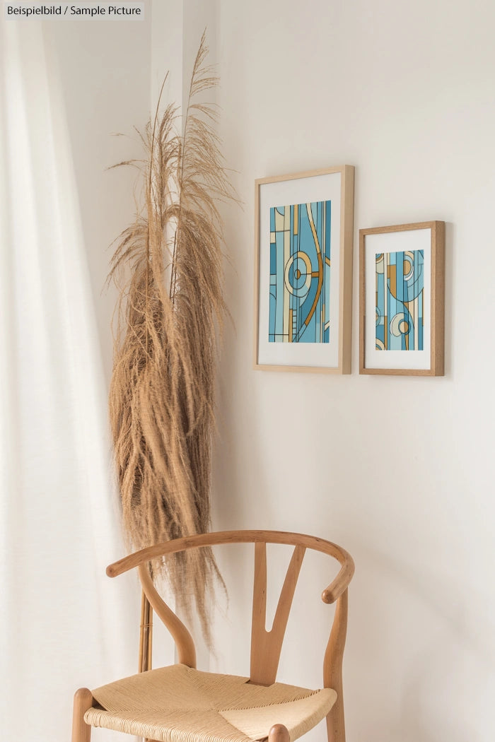 Minimalist room with wooden chair, tall dried grass, and abstract geometric framed art on a white wall.