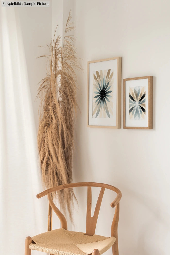 Minimalist interior with wooden chair, pampas grass, and abstract art on white wall.