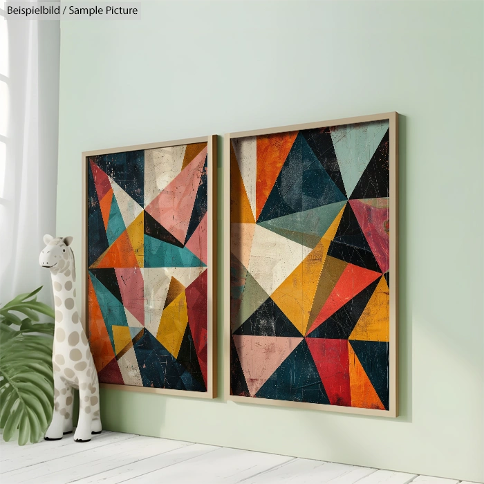 Two abstract paintings with colorful geometric shapes on a wall, next to a giraffe statue and a potted plant.