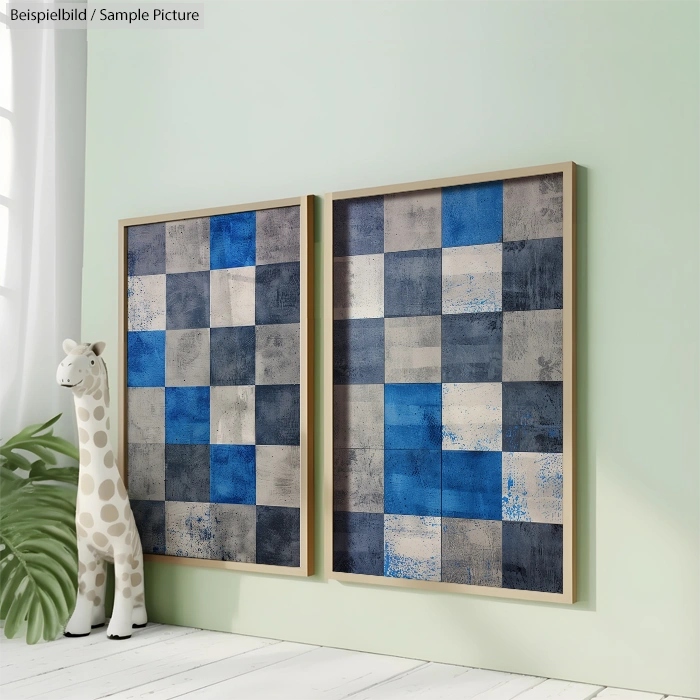 Room with two abstract checkered artworks in blue and gray, next to a polka dot giraffe figurine and a plant.