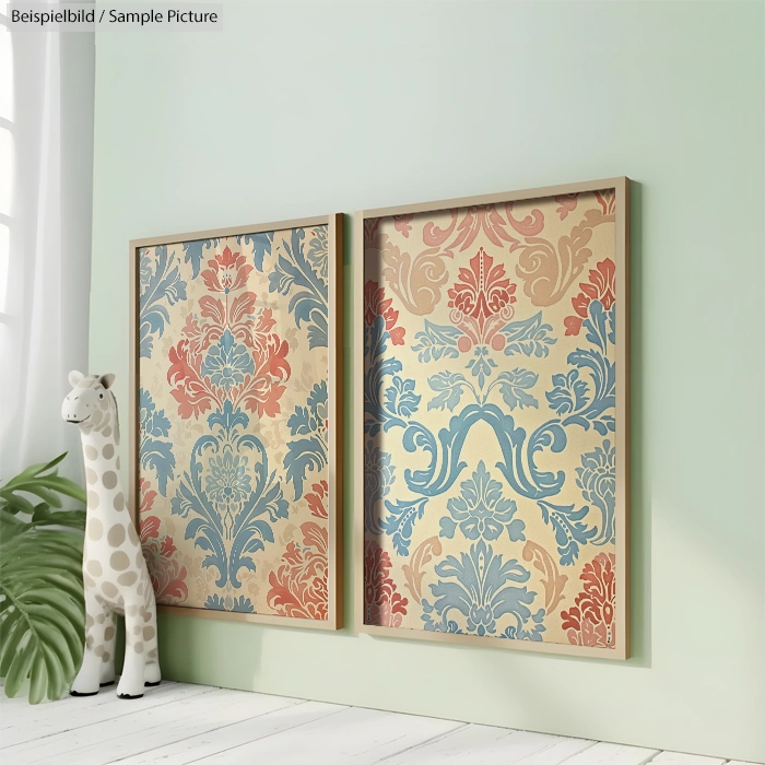 Decorative wall art with vintage floral patterns in blue and red hues, displayed next to a plush giraffe toy on a shelf.