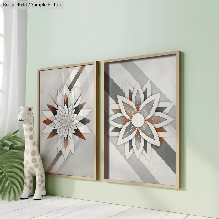 Two geometric floral abstract paintings in frames on a mint-green wall, with a giraffe sculpture beside them.