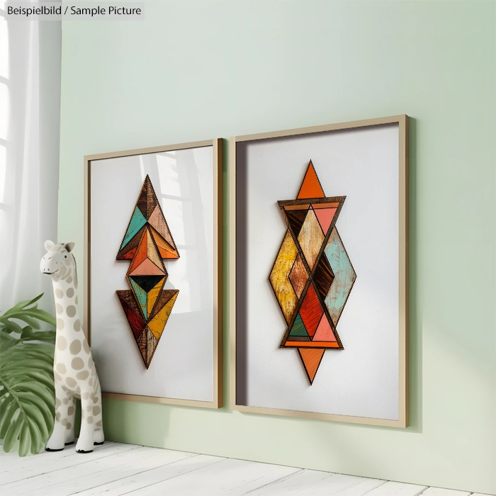 Two geometric artworks in wooden frames on green wall with decorative giraffe and plant.