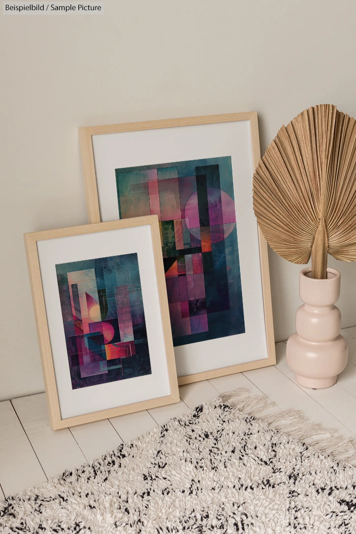 Two abstract framed artworks with geometric designs on white wall, next to a decorative vase and a textured rug.