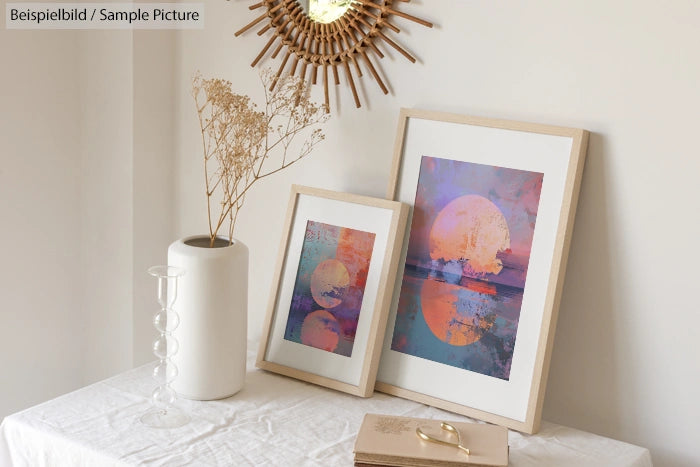 Two framed abstract prints on table, with dried plant in ceramic vase and decorative mirror on wall.