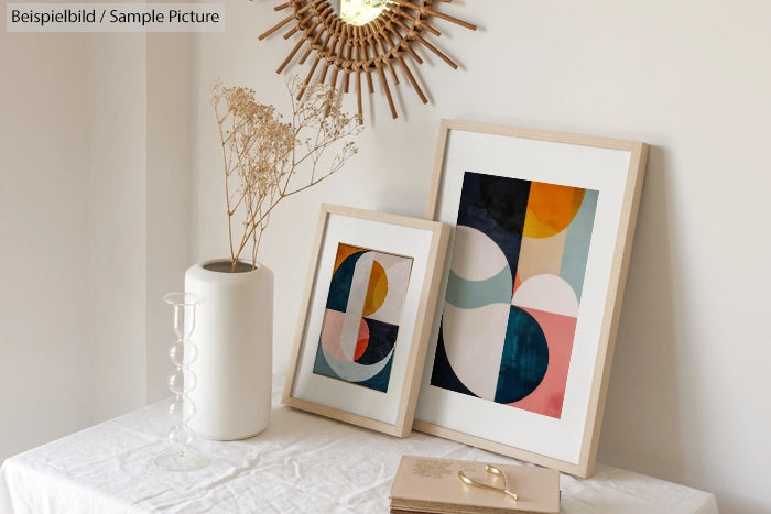 Minimalist interior with abstract art in wooden frames, dried flowers in a vase, and a book on a white table.