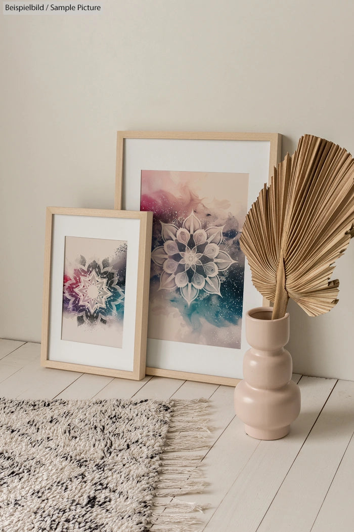 Stylish room decor with abstract framed art and a vase with dried leaves on a white wooden floor.