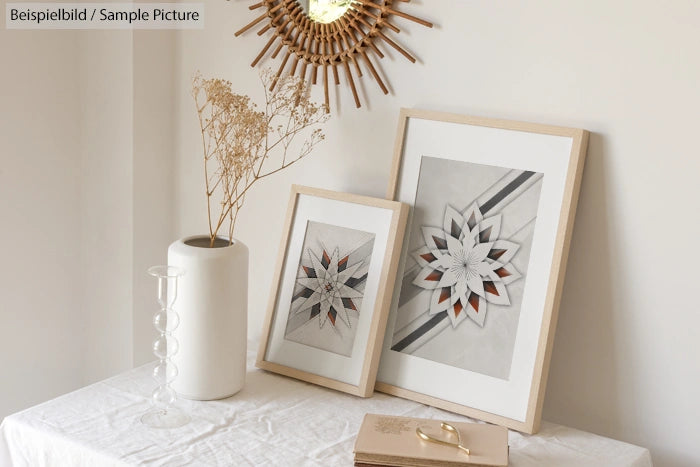 Two framed geometric art prints on a table with a white vase and dried flowers, beneath a decorative wall mirror.