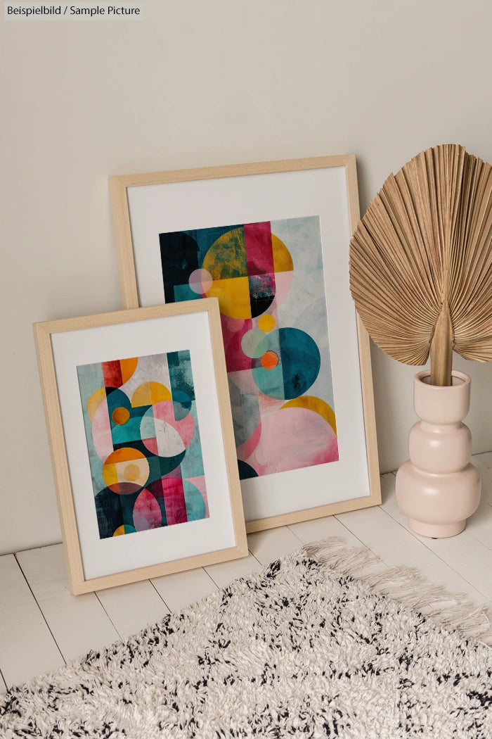 Two framed abstract art prints with geometric shapes leaning against a wall on a light wooden floor.