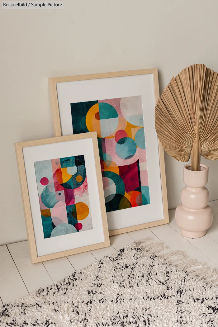 Two framed abstract artworks with colorful geometric shapes, placed on a wooden floor beside a decorative vase.