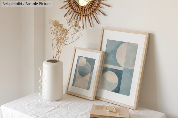 Minimalist decor with abstract framed prints, dried flowers in a vase, and a decorative mirror on a white tablecloth.