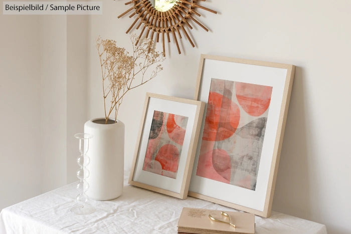 Room decor: two framed abstract prints with red and gray circles on a table with a vase and a mirror above.