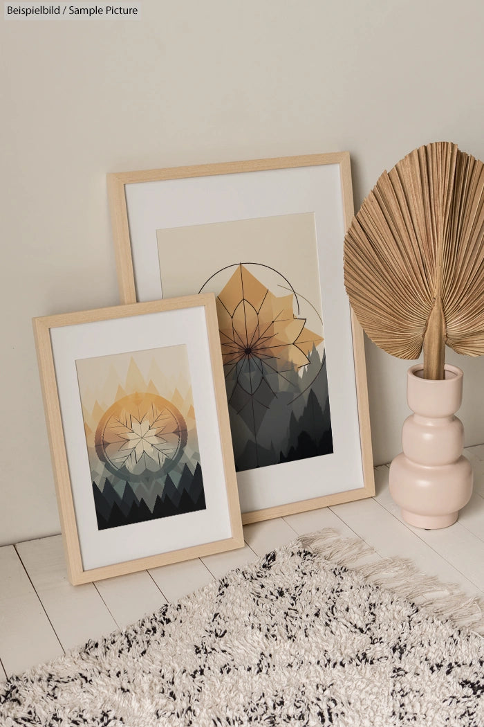 Two framed geometric art prints with earthy tones, displayed on a wooden floor next to a vase with a palm leaf.