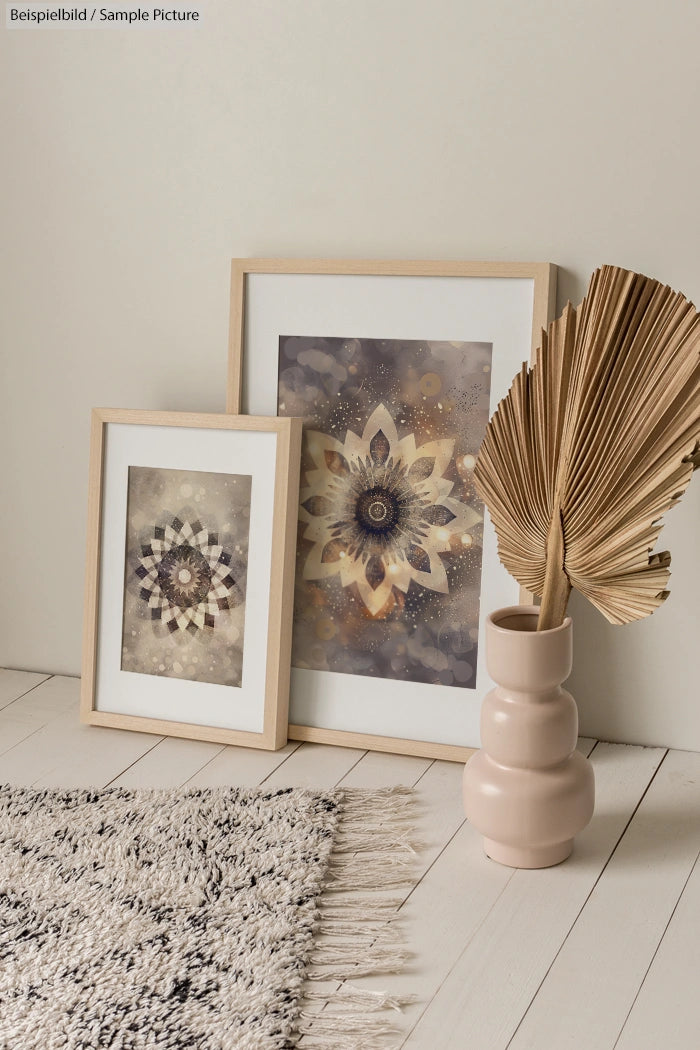 Two framed geometric art prints beside a pink vase with dried palm leaves, placed on a white wooden floor.