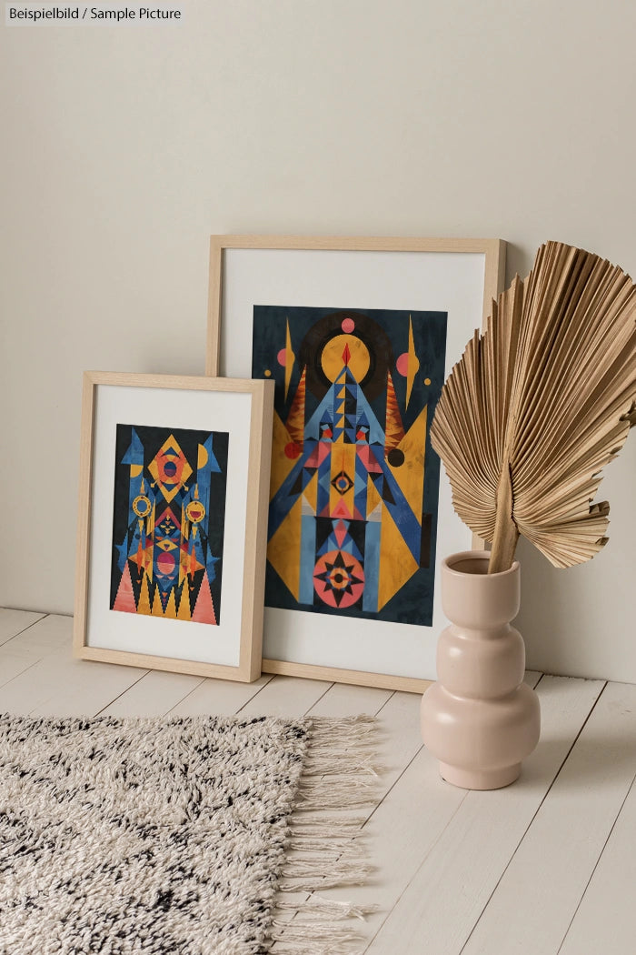 Two framed abstract geometric artworks with a pink vase holding dried palm leaves on a patterned carpeted floor.