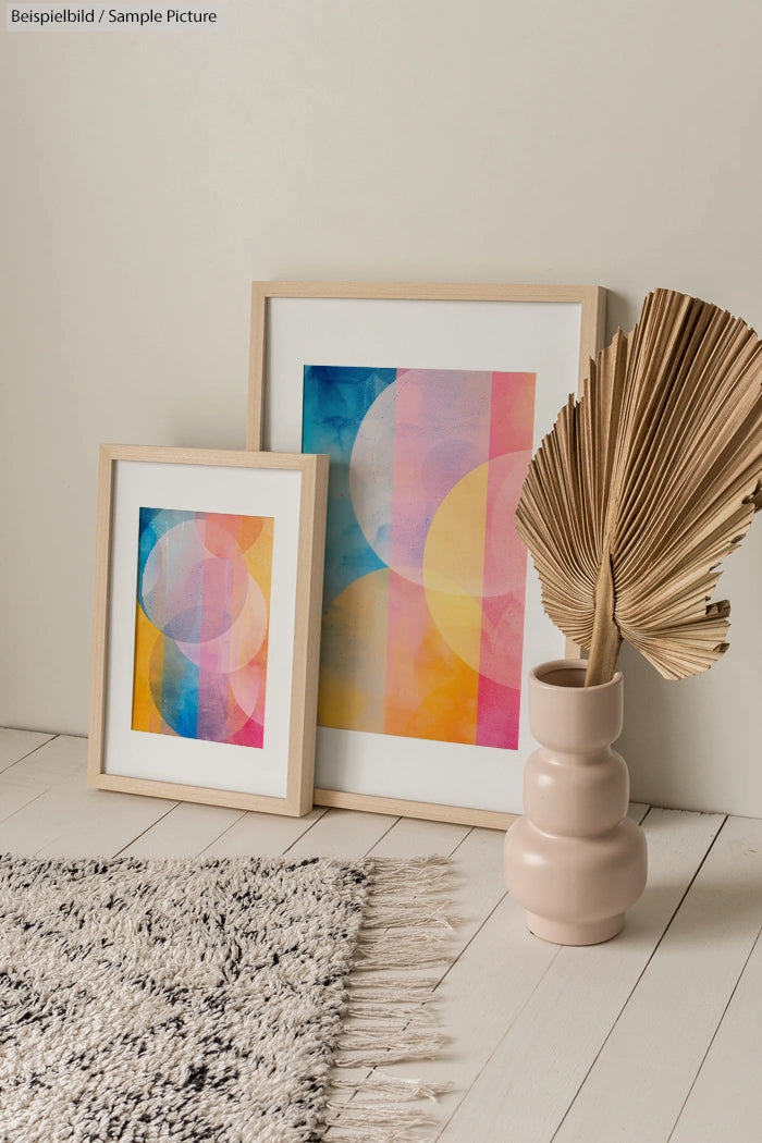 Two abstract colorful art prints in frames next to a decorative vase with dried palm leaves on a wooden floor.