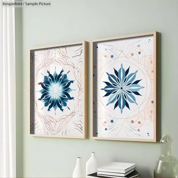 Framed geometric floral art prints with blue and brown tones on a pale green wall.